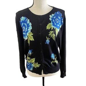 Oliver Perry Silk/Nylon Button Floral Cardigan Black with Blue Flowers Size XL
